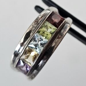 925 Sterling Multi-Color Gemstone Ring. Princess Cut, Channel Set. Sz. 7. Vtg